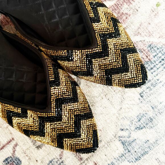Birdies The Swan Deco Chevron Beaded Black Gold Loafers Flats Mules Size 8.5 - Picture 3 of 6